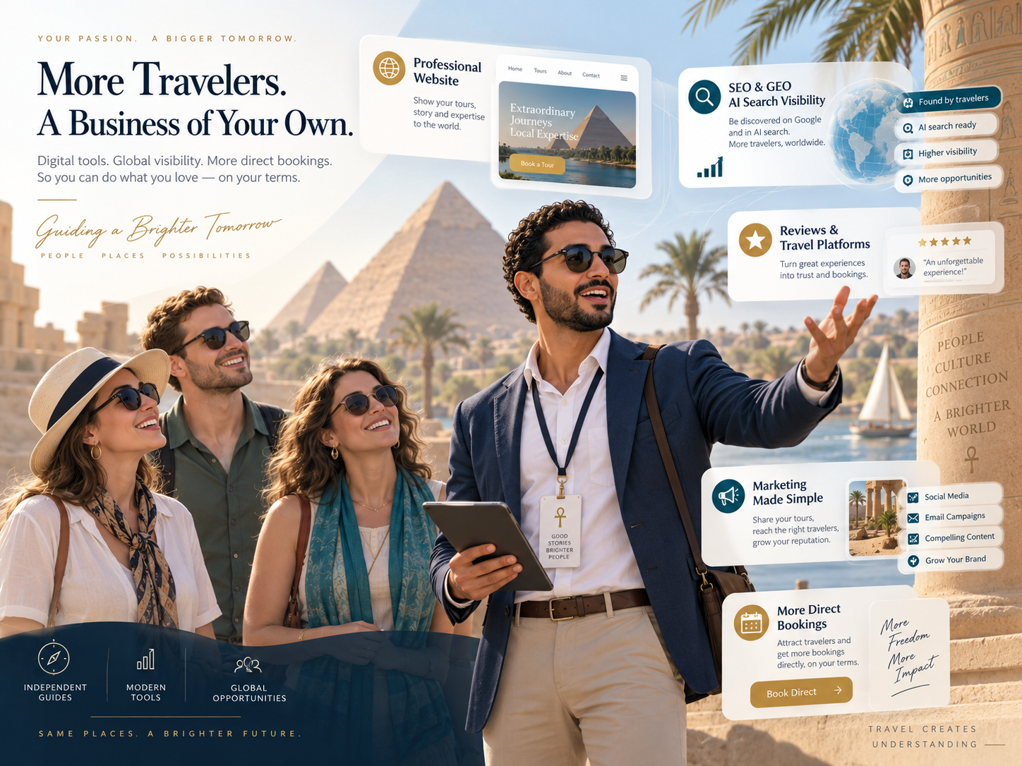 Tour guide with travelers illustrating an independent tour guide business supported by a professional website, SEO, GEO, reviews, travel platforms, marketing and direct bookings